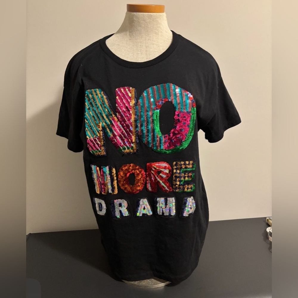 Zara Trafaluc T Shirt with Shiny Sequins - "NO MORE DRAMA"